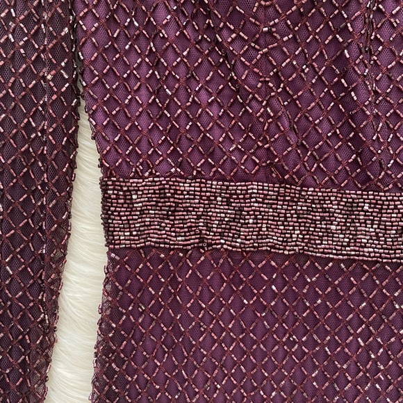 Mac Duggal Purple Plum Lattice Beaded Long Sleeve Modest Formal Midi Dress - Picture 6 of 16